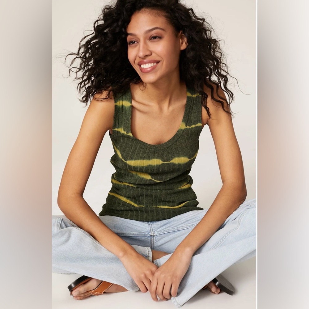 Sandro Honore Tie-Dye Stripe Ribbed Knit‎ Long Green and Yellow Tank Top Small